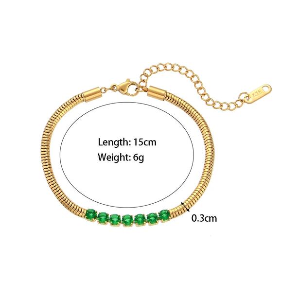 Emerald Green Zircon Snake‎ chain Bracelet 18K Gold Plated Stainless Steel - Picture 9 of 9